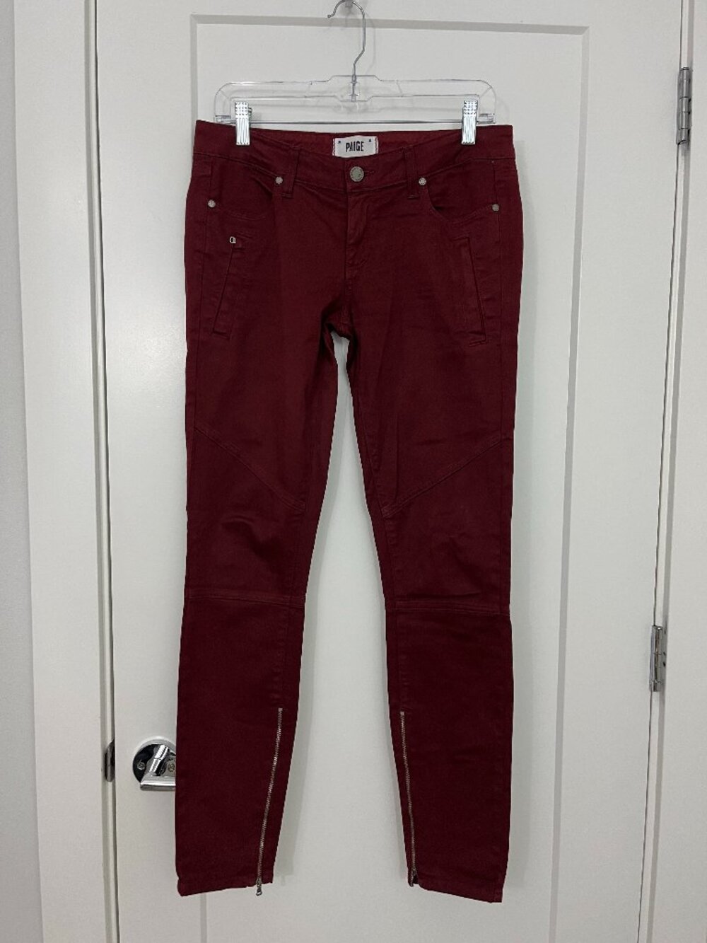 Paige Cara Zip Ankle Skinny Jeans Burgundy Size 27 Zipper Accents
